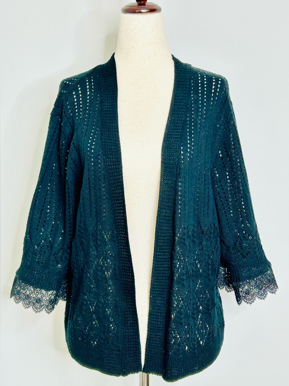 Black Embroidered Pointelle Cardigan, Lace Trim, 3/4 Sleeves, size XL